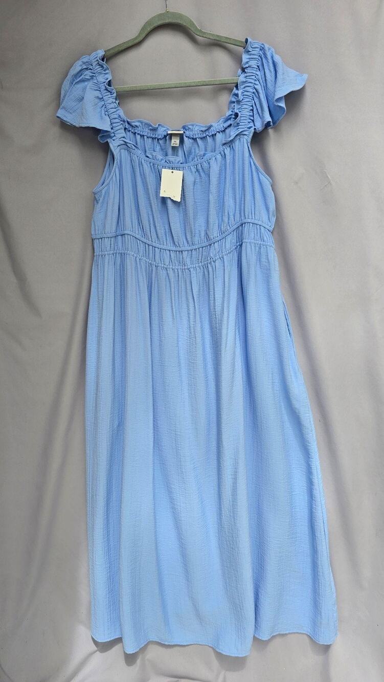 A New Day Dress Womens XL Blue Square Neck Flutter Sleeve Ruffle Sundress Lined